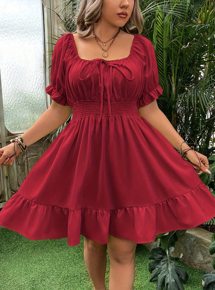 jkthpu-45 Plus Size - Women'S Plus Size Red Square Neck A-Line Dress - Casual Summer Dress with Ruffled Hem, Cinched Waist, and Short Puff Sleeves, Perfect for Spring/Summer Outings, Cute Dresses