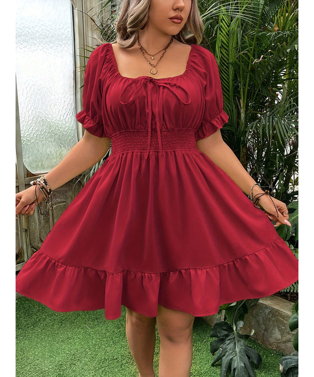 jkthpu-45 Plus Size - Women'S Plus Size Red Square Neck A-Line Dress - Casual Summer Dress with Ruffled Hem, Cinched Waist, and Short Puff Sleeves, Perfect for Spring/Summer Outings, Cute Dresses