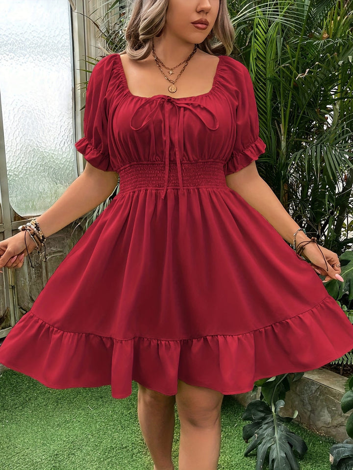 Plus Size - Women'S Plus Size Red Square Neck A-Line Dress - Casual Summer Dress with Ruffled Hem, Cinched Waist, and Short Puff Sleeves, Perfect for Spring/Summer Outings, Cute Dresses