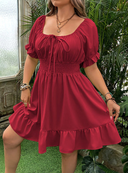 jkthpu-45 Plus Size - Women'S Plus Size Red Square Neck A-Line Dress - Casual Summer Dress with Ruffled Hem, Cinched Waist, and Short Puff Sleeves, Perfect for Spring/Summer Outings, Cute Dresses