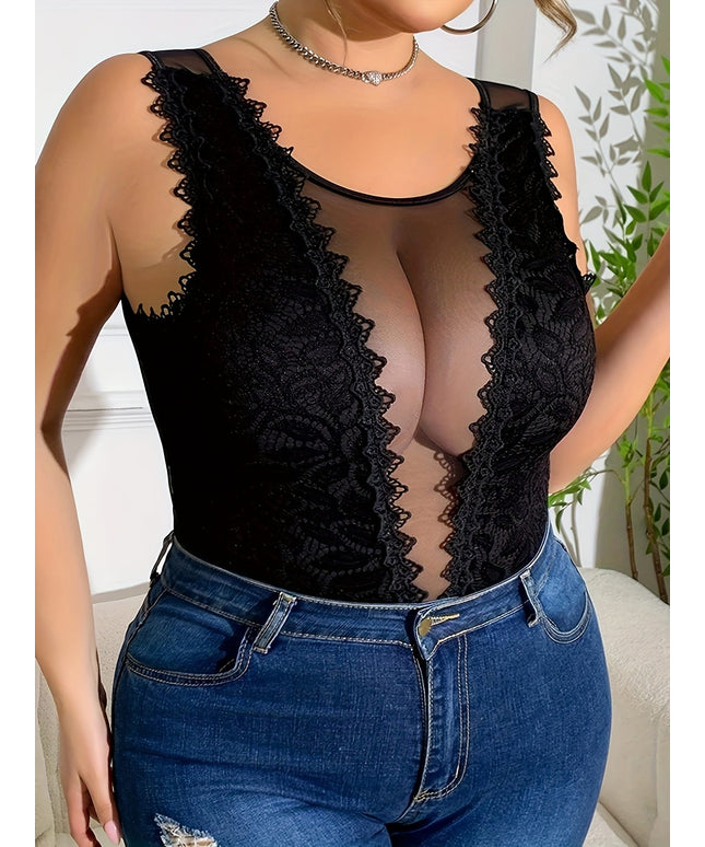 jkthpu-45 Plus Size - Women'S Plus Size Sexy Lace Camisole Bodysuit - Stretchy Sleeveless Round Neck Longline Top with Keyhole Cutouts & Ruffled Lace Trim, Solid Color All-Season Versatile Wear, Vacation Style, Camisole Top, Easycare Material, Comfortable Fit