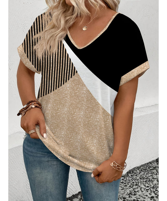 KissICON Plus Size, Women's Plus Size T-Shirt - Black/Beige/Striped Graphic Tee - Loose Fit V-Neck Top - Machine Washable Everyday Casual Shirt for Women, Allseason Apparel, Medium Stretch Fabric