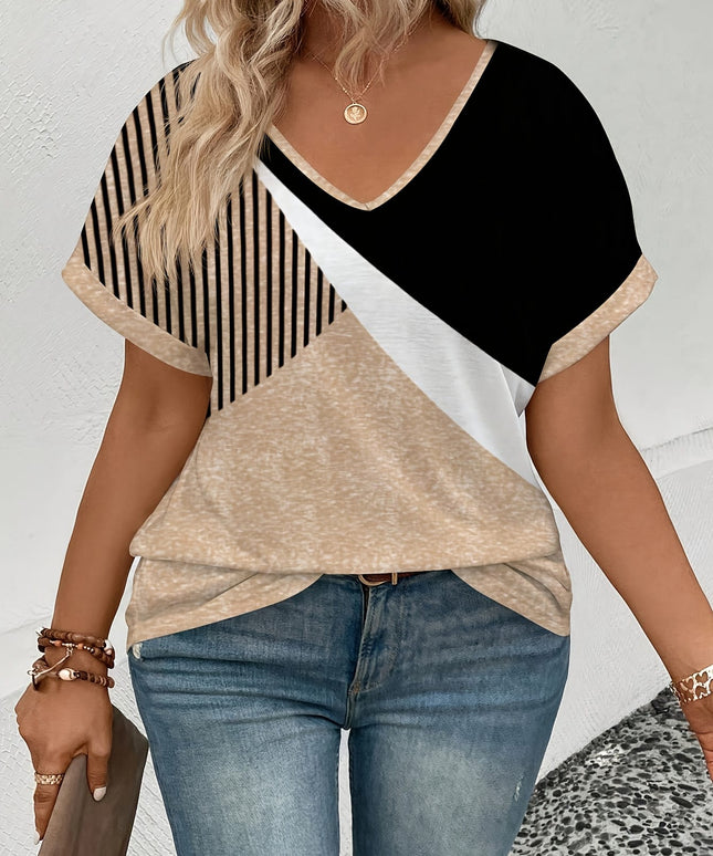 KissICON Plus Size, Women's Plus Size T-Shirt - Black/Beige/Striped Graphic Tee - Loose Fit V-Neck Top - Machine Washable Everyday Casual Shirt for Women, Allseason Apparel, Medium Stretch Fabric