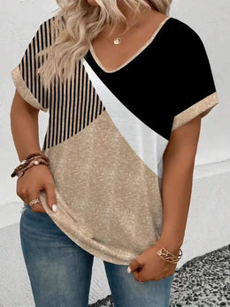 KissICON Plus Size, Women's Plus Size T-Shirt - Black/Beige/Striped Graphic Tee - Loose Fit V-Neck Top - Machine Washable Everyday Casual Shirt for Women, Allseason Apparel, Medium Stretch Fabric