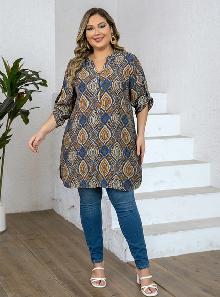 KissICON Plus Size - Women'S Plus Size Tropical Print V-Neck Blouse - Elegant Loose Fit Long Shirt with Adjustable Three-Quarter Sleeves, Half Placket & Button Front, Comfortable Casual Top for Casual Attire, Casual Attire Blouse | Vn