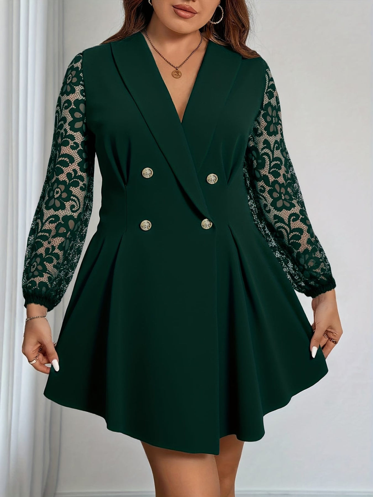 jkthpu-45 Plus Size, Women's Plus Size V-Neck Blazer Dress - Elegant Office to Party Attire, Structured Formal Coat Dress for Professional Evening Events, Fall/Winter Women's Clothing in Black