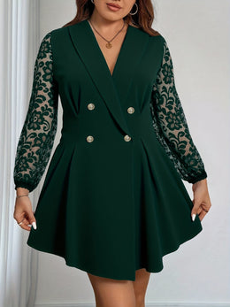 jkthpu-45 Plus Size, Women's Plus Size V-Neck Blazer Dress - Elegant Office to Party Attire, Structured Formal Coat Dress for Professional Evening Events, Fall/Winter Women's Clothing in Black