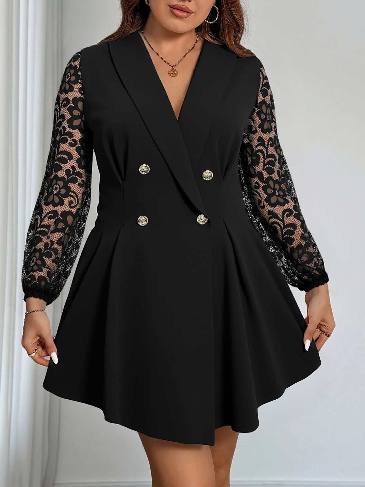 jkthpu-45 Plus Size, Women's Plus Size V-Neck Blazer Dress - Elegant Office to Party Attire, Structured Formal Coat Dress for Professional Evening Events, Fall/Winter Women's Clothing in Black