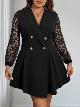 jkthpu-45 Plus Size, Women's Plus Size V-Neck Blazer Dress - Elegant Office to Party Attire, Structured Formal Coat Dress for Professional Evening Events, Fall/Winter Women's Clothing in Black