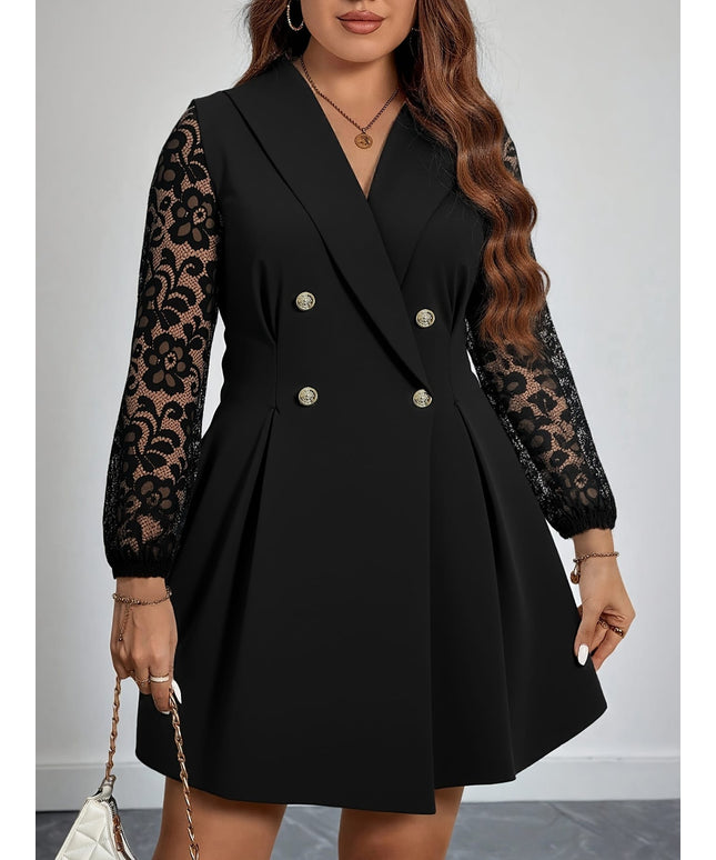 jkthpu-45 Plus Size, Women's Plus Size V-Neck Blazer Dress - Elegant Office to Party Attire, Structured Formal Coat Dress for Professional Evening Events, Fall/Winter Women's Clothing in Black