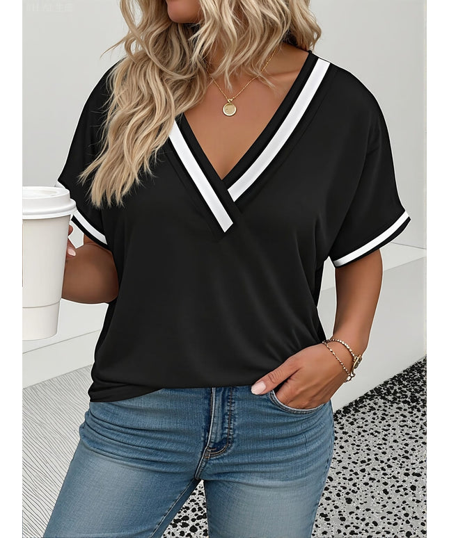 KissICON Plus Size, Women's Plus Size V-Neck Color-Block Rolled Sleeve T-Shirt - Black & White Contrast Casual Elegant Top, Breathable Spring/Summer Machine Washable, Summer Tshirt, Elegant Tshirt, Quality Fabric, Comfortable Fit