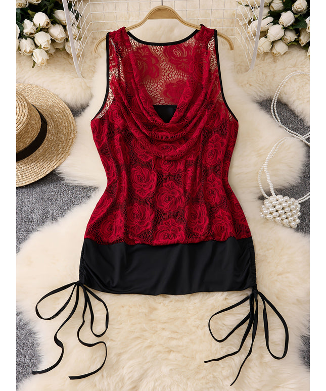 jkthpu-45 Plus Size - Women'S Plus Size V-Neck Floral Lace Sleeveless Top - Elegant Red & Black Casual Summer Blouse with Ruffled Hem, Round Neck, Lightweight Polyester Fabric for Casual Attire, Floral Print Blouse, Spring Fashion, Comfortable Fit
