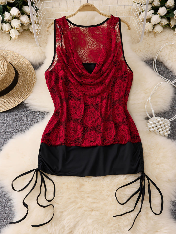 Plus Size - Women'S Plus Size V-Neck Floral Lace Sleeveless Top - Elegant Red & Black Casual Summer Blouse with Ruffled Hem, Round Neck, Lightweight Polyester Fabric for Casual Attire, Floral Print Blouse, Spring Fashion, Comfortable Fit