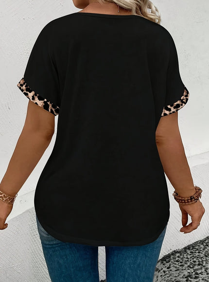 KissICON Plus Size - Women'S Plus Size V-Neck Leopard Print T-Shirt - Casual Short Sleeve, Breathable & Stretchy, Elegant Polyester Blend Top for Casual Attire, Leopard Print Blouse