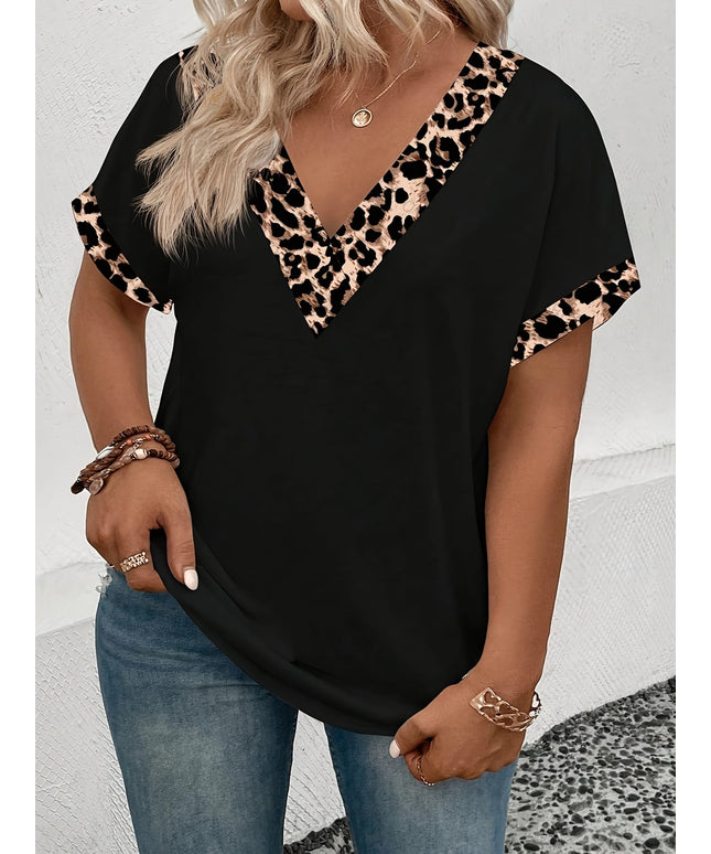 KissICON Plus Size - Women'S Plus Size V-Neck Leopard Print T-Shirt - Casual Short Sleeve, Breathable & Stretchy, Elegant Polyester Blend Top for Casual Attire, Leopard Print Blouse