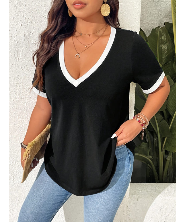 KissICON Plus Size, Women's Plus Size V-Neck T-Shirt - Black & White Contrast Tee, Quick-Dry Non-See-Through Fabric for Everyday, Travel, - Elegant Casual Top for Curvy Women, Travel Friendly Top, Color Block Style, Comfortable Fit