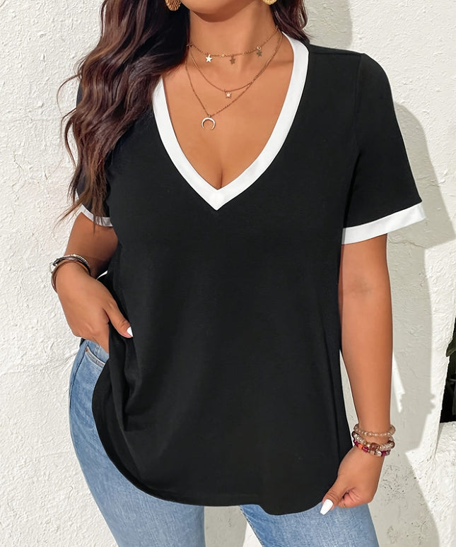 KissICON Plus Size, Women's Plus Size V-Neck T-Shirt - Black & White Contrast Tee, Quick-Dry Non-See-Through Fabric for Everyday, Travel, - Elegant Casual Top for Curvy Women, Travel Friendly Top, Color Block Style, Comfortable Fit