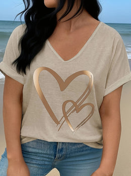 KissICON Plus Size - Women'S Plus Size V-Neck T-Shirt with Heart Print & "LOVE" Design - Casual Short Sleeve, Lightweight Polyester, Spring/Summer/Fall Wear, Everyday Tshirt | Heart Motif Top | Stretchy Fabric