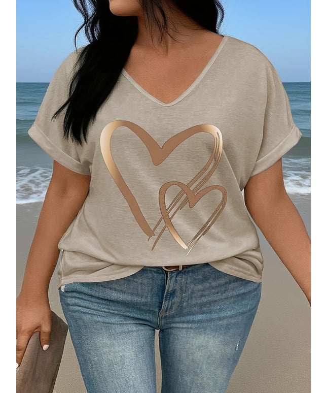 KissICON Plus Size - Women'S Plus Size V-Neck T-Shirt with Heart Print & "LOVE" Design - Casual Short Sleeve, Lightweight Polyester, Spring/Summer/Fall Wear, Everyday Tshirt | Heart Motif Top | Stretchy Fabric
