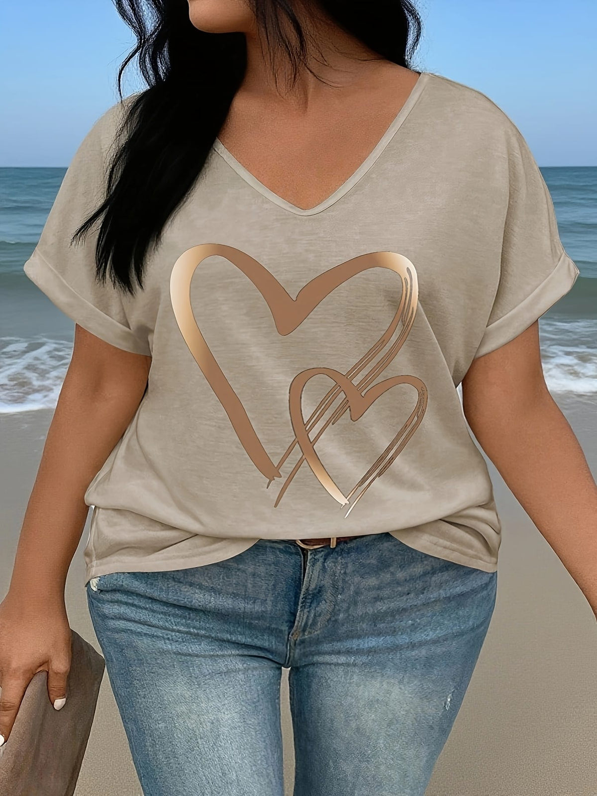 KissICON Plus Size - Women'S Plus Size V-Neck T-Shirt with Heart Print & "LOVE" Design - Casual Short Sleeve, Lightweight Polyester, Spring/Summer/Fall Wear, Everyday Tshirt | Heart Motif Top | Stretchy Fabric