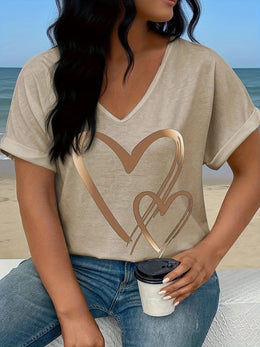 KissICON Plus Size - Women'S Plus Size V-Neck T-Shirt with Heart Print & "LOVE" Design - Casual Short Sleeve, Lightweight Polyester, Spring/Summer/Fall Wear, Everyday Tshirt | Heart Motif Top | Stretchy Fabric