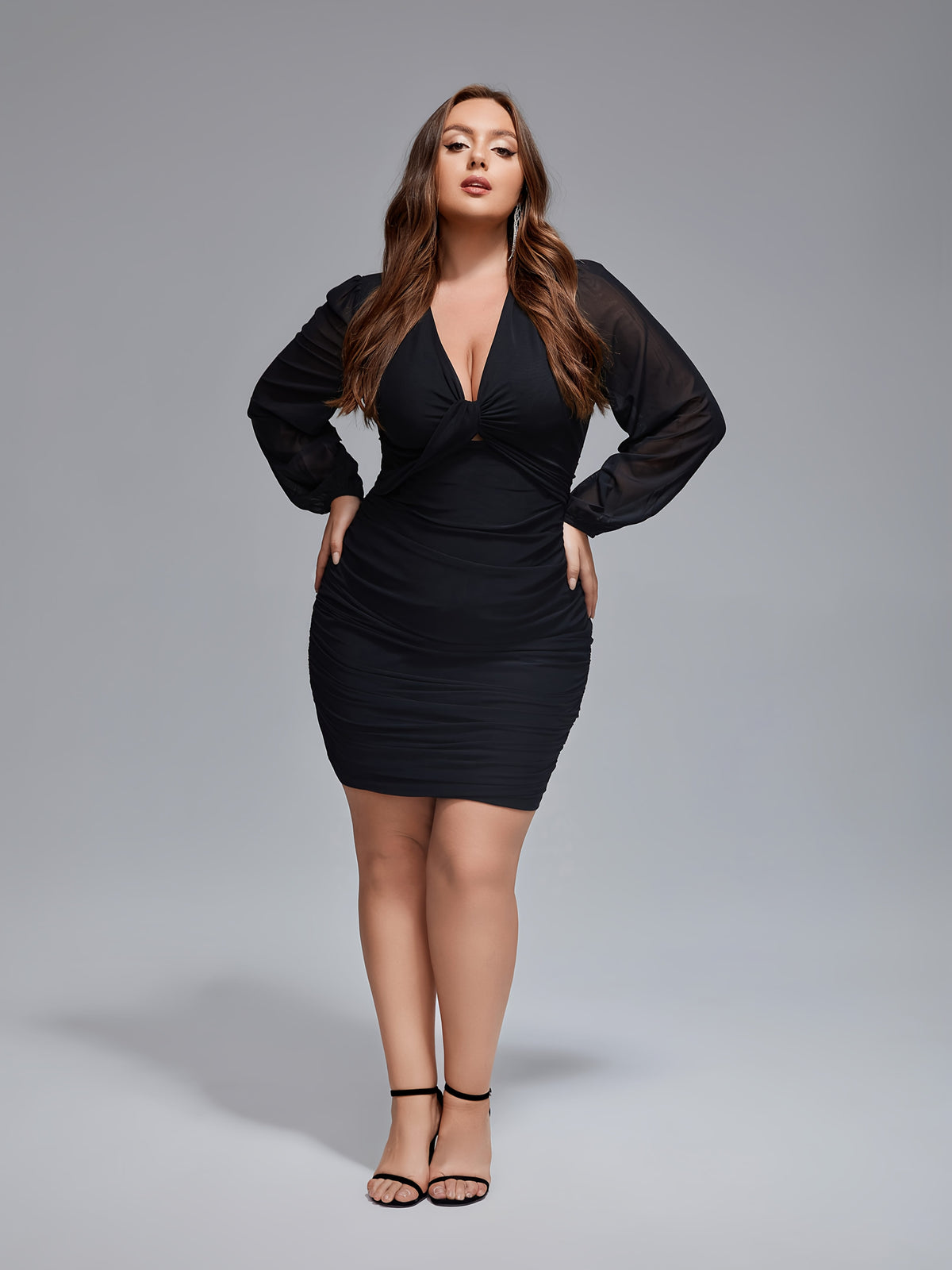 jkthpu-45 Plus Size, Women's Plus Size Winter Elegant Bodycon Dress with Mesh Patchwork Twist Front & Short Sleeves - Waist-Cinching Curve-Hugging Fit, Machine Washable Party Wedding Guest Dress (Black) - Knotted Back Closure, Dresses For Women, Dresses For Women E