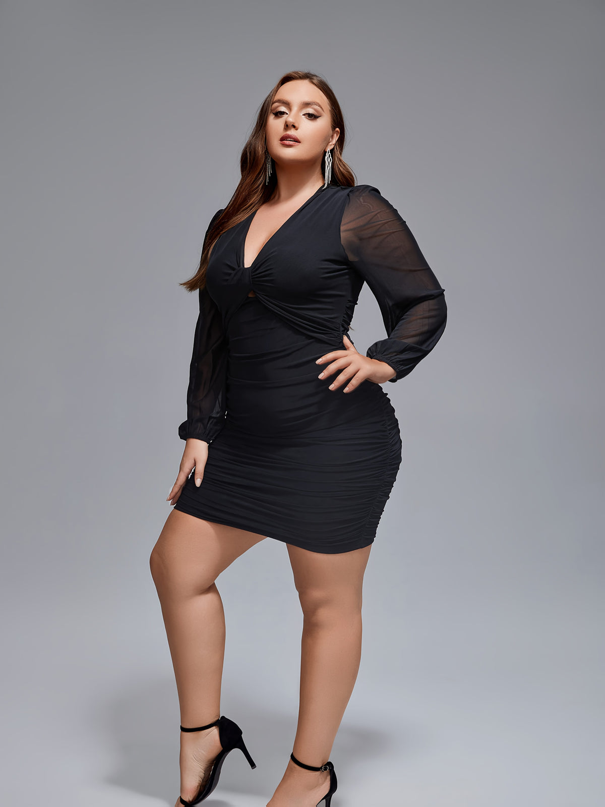 jkthpu-45 Plus Size, Women's Plus Size Winter Elegant Bodycon Dress with Mesh Patchwork Twist Front & Short Sleeves - Waist-Cinching Curve-Hugging Fit, Machine Washable Party Wedding Guest Dress (Black) - Knotted Back Closure, Dresses For Women, Dresses For Women E