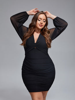 jkthpu-45 Plus Size, Women's Plus Size Winter Elegant Bodycon Dress with Mesh Patchwork Twist Front & Short Sleeves - Waist-Cinching Curve-Hugging Fit, Machine Washable Party Wedding Guest Dress (Black) - Knotted Back Closure, Dresses For Women, Dresses For Women E