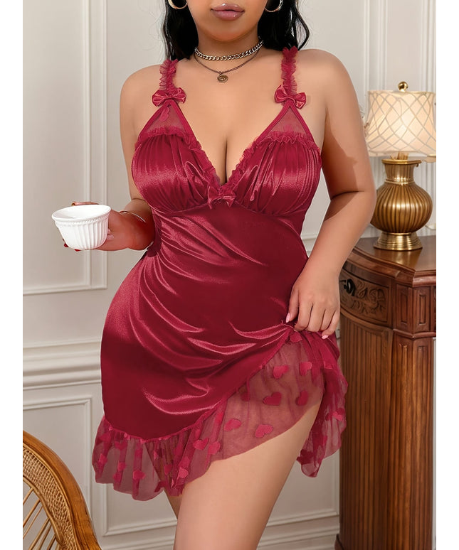 jkthpu-45 Plus Size Women'S Sexy Backless Lace Trim Nightgown with Bow Detail - Deep V-Neck, Ruffled Hem, Stretchy Satin Sleepwear for Home & Spa, Solid Color, Comfortable & Stylish, Plus Size Nightgown, Spa Attire, Elegant Nightdress, Smooth Texture