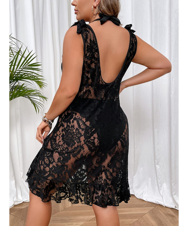 jkthpu-45 Plus Size Women's Sexy Black Lace Hollow-Out Shoulder Strap Dress – Bow Detail, Crew Neck, 82% Polyester 18% Elastane, Medium Stretch, Elegant Solid Color Cover-Up