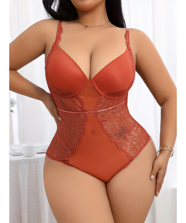 jkthpu-45 Plus Size Women's Sexy Bodysuit, Contrast Lace Mesh