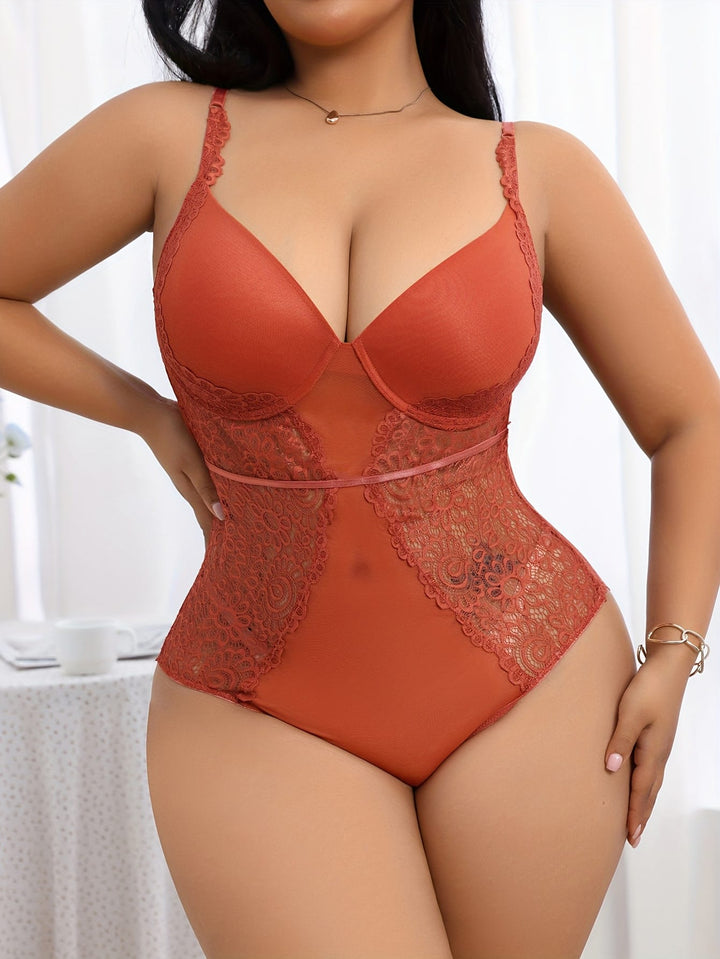 Plus Size Women's Sexy Bodysuit, Contrast Lace Mesh