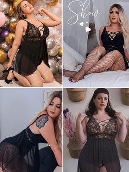 jkthpu-45 Plus Size Women's Sexy Lace Babydoll Nightgown - Semi-Sheer V-Neck with Crisscross Straps,, Stretchy Comfort Fit for Home Loungewear, Stretch Lace Lingerie
