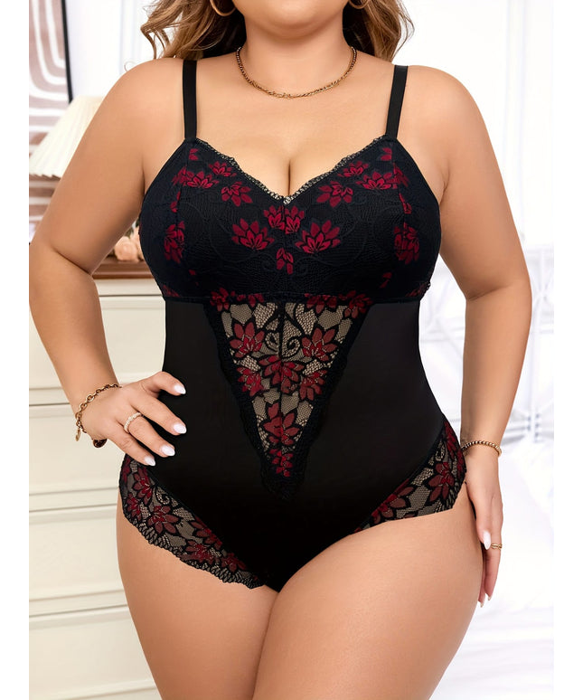 jkthpu-45 Plus Size Women'S Sexy Lace Bodysuit - Black & Red Floral Lace Trim, Deep V-Neck, Stretchy & Comfortable, Perfect for Adult, Intimate Apparel, Elegant Design, Highquality Lace