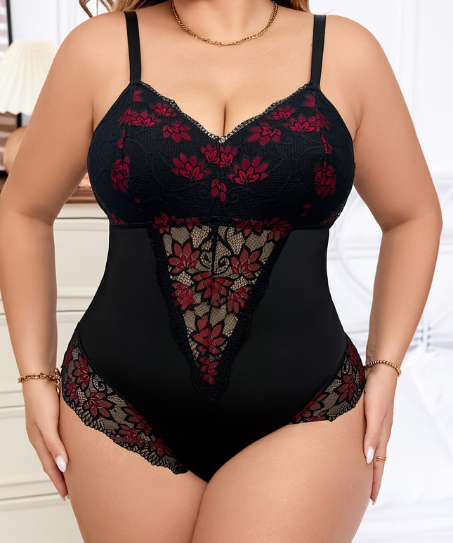jkthpu-45 Plus Size Women'S Sexy Lace Bodysuit - Black & Red Floral Lace Trim, Deep V-Neck, Stretchy & Comfortable, Perfect for Adult, Intimate Apparel, Elegant Design, Highquality Lace