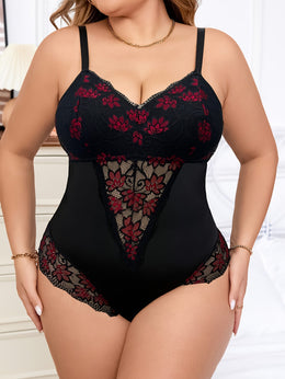 jkthpu-45 Plus Size Women'S Sexy Lace Bodysuit - Black & Red Floral Lace Trim, Deep V-Neck, Stretchy & Comfortable, Perfect for Adult, Intimate Apparel, Elegant Design, Highquality Lace