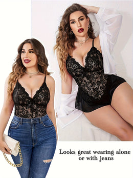 jkthpu-45 Plus Size Women'S Sexy Lace Teddy One-Piece Bodysuit - Black & White Contrast Lace Trim, Stretchy Comfort Fit, Elegant Lingerie for Adults, Intimate Apparel, Sophisticated Style, Smooth Texture, Curvy Women Lingerie, Body With Deep Neckline Push Up, Sexy