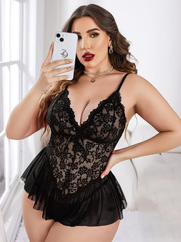 jkthpu-45 Plus Size Women'S Sexy Lace Teddy One-Piece Bodysuit - Black & White Contrast Lace Trim, Stretchy Comfort Fit, Elegant Lingerie for Adults, Intimate Apparel, Sophisticated Style, Smooth Texture, Curvy Women Lingerie, Body With Deep Neckline Push Up, Sexy