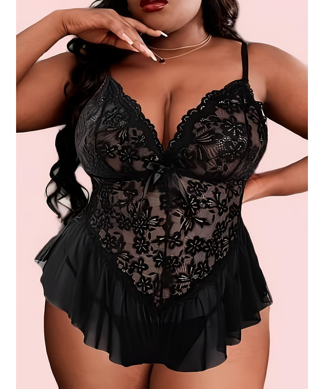 jkthpu-45 Plus Size Women'S Sexy Lace Teddy One-Piece Bodysuit - Black & White Contrast Lace Trim, Stretchy Comfort Fit, Elegant Lingerie for Adults, Intimate Apparel, Sophisticated Style, Smooth Texture, Curvy Women Lingerie, Body With Deep Neckline Push Up, Sexy