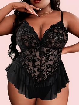 jkthpu-45 Plus Size Women'S Sexy Lace Teddy One-Piece Bodysuit - Black & White Contrast Lace Trim, Stretchy Comfort Fit, Elegant Lingerie for Adults, Intimate Apparel, Sophisticated Style, Smooth Texture, Curvy Women Lingerie, Body With Deep Neckline Push Up, Sexy