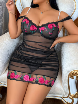 jkthpu-45 Plus Size Women's Sexy Lingerie Dress with Embroidery and Sheer Pearl Straps