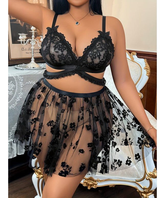 jkthpu-45 Plus Size Women's Sexy Lingerie Set with Sheer Butterfly Skirt
