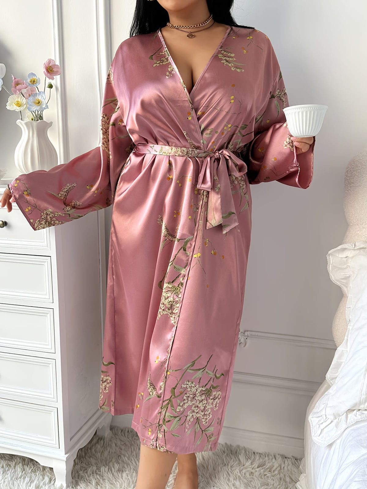 KissICON Plus Size Women's Sexy V-Neck Robe with Adjustable