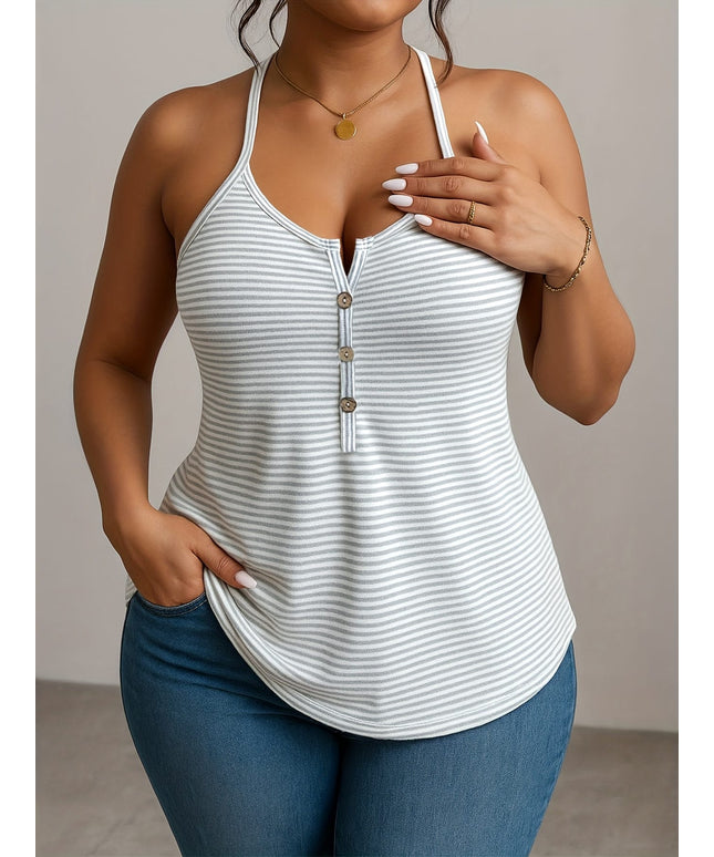 KissICON Plus Size Women's Striped Button-Front Tank Top -