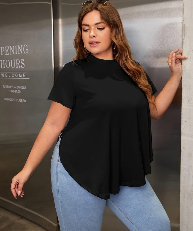 KissICON Plus Size Women's Summer T-Shirt A-Line Loose Belly Covering Top Solid Color Versatile Spring/Summer New Large Size Short Sleeve Shirt A-Line Tee High Elasticity Sister Belly and Arm Concealing Top Simple Solid Color Loose Fi