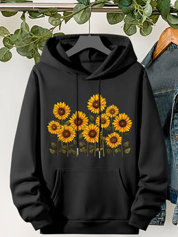 jkthpu-45 Plus Size, Women's Sunflower Print Hooded Sweatshirt -