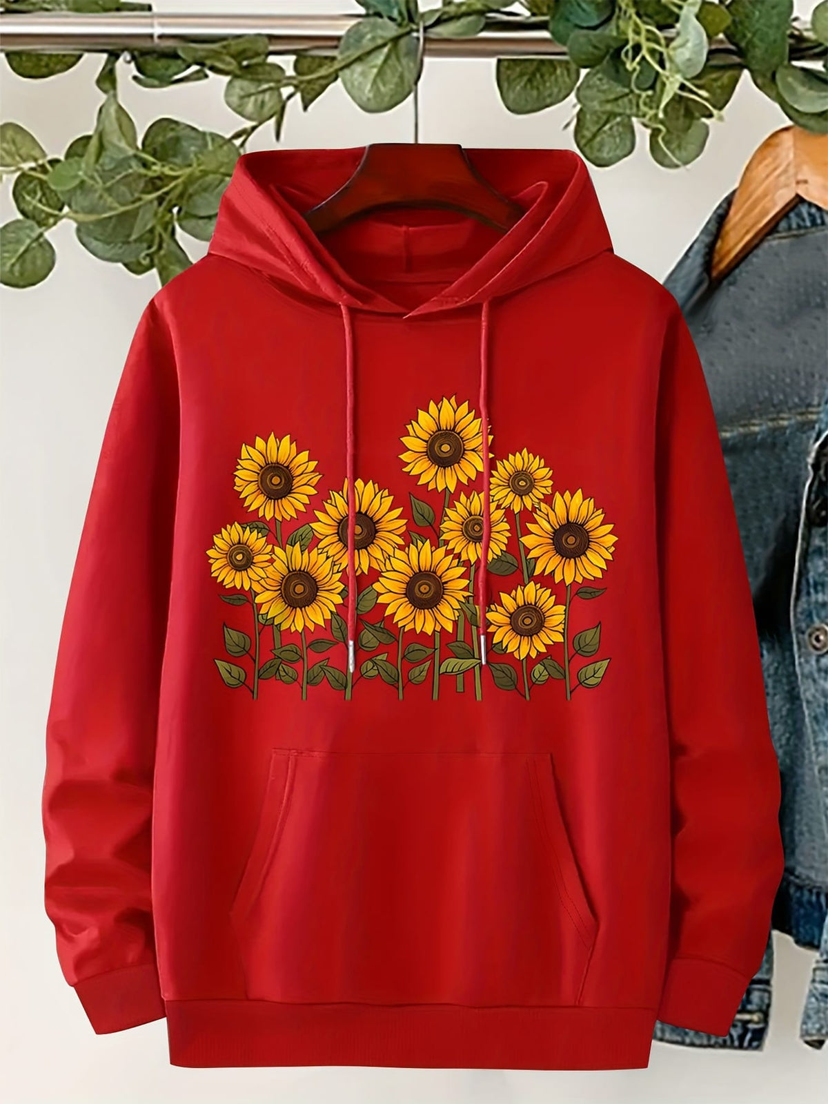 jkthpu-45 Plus Size, Women's Sunflower Print Hooded Sweatshirt -