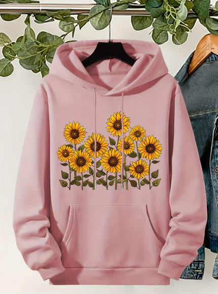 jkthpu-45 Plus Size, Women's Sunflower Print Hooded Sweatshirt -