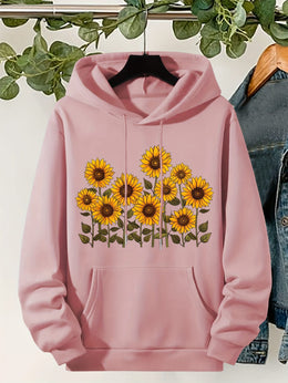 jkthpu-45 Plus Size, Women's Sunflower Print Hooded Sweatshirt -