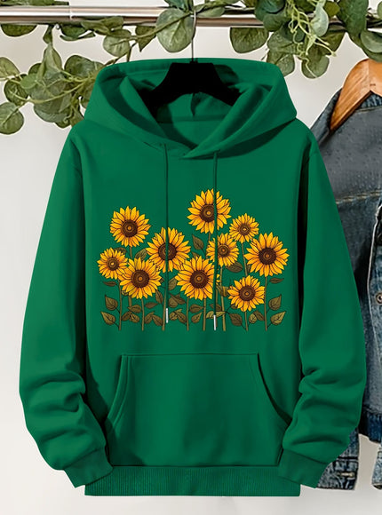 jkthpu-45 Plus Size, Women's Sunflower Print Hooded Sweatshirt -